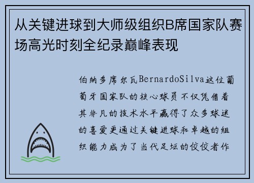 从关键进球到大师级组织B席国家队赛场高光时刻全纪录巅峰表现